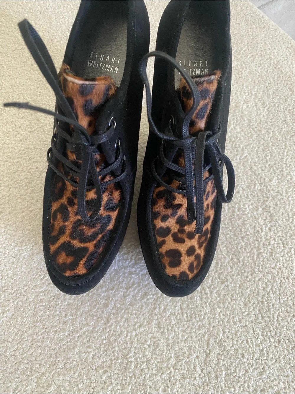 Stuart Weitzman Black Suede Platform Wedges with Leopard Accent